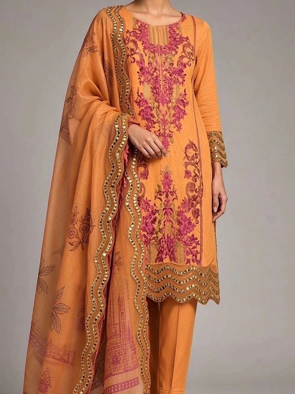 Orange Floral Kurta Set Like New